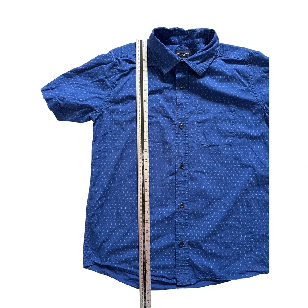 The Childrens Place Boys Blue Geometric Diamond Print Button Down Shirt Size 14